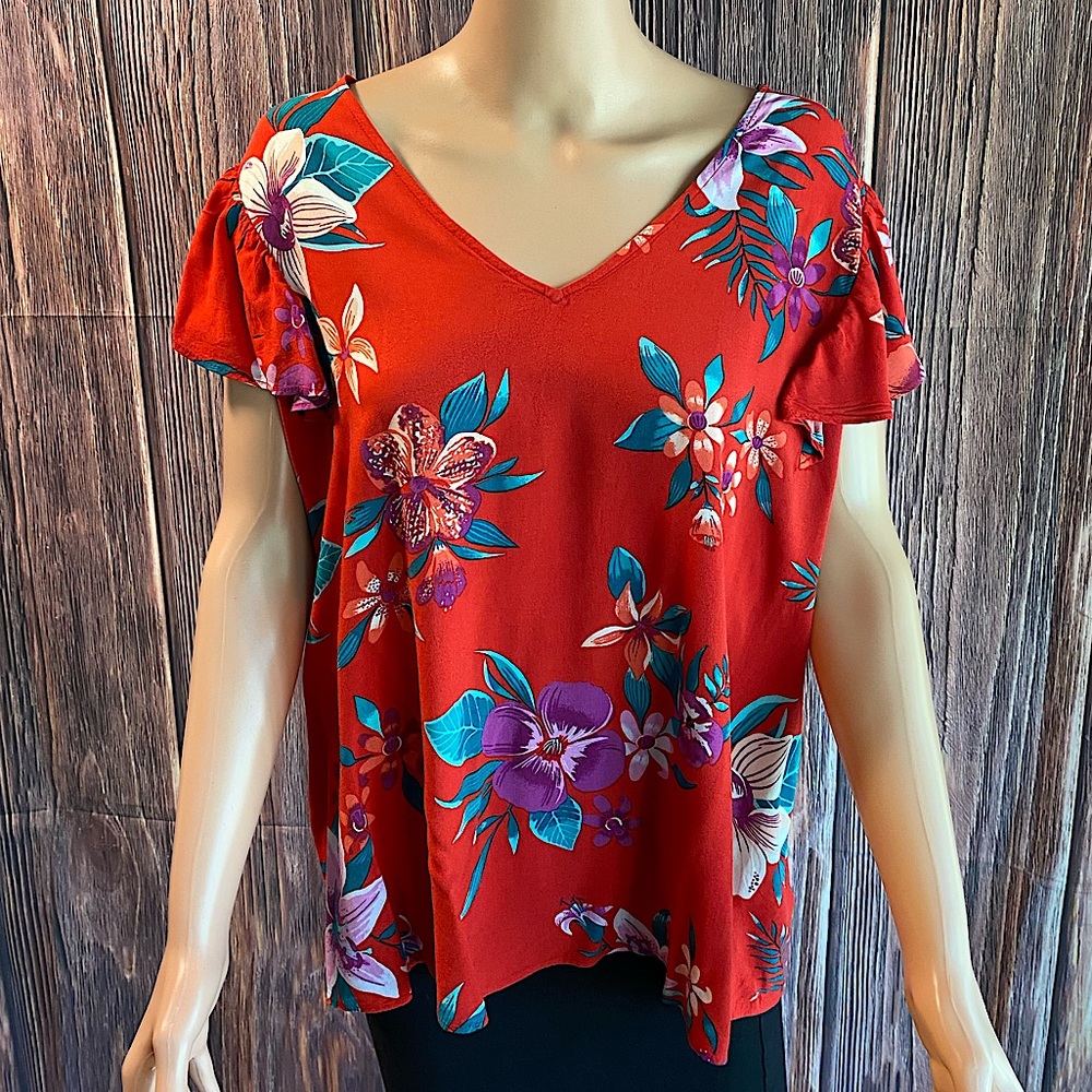 Old Navy size XL red floral tropical summer blouse top